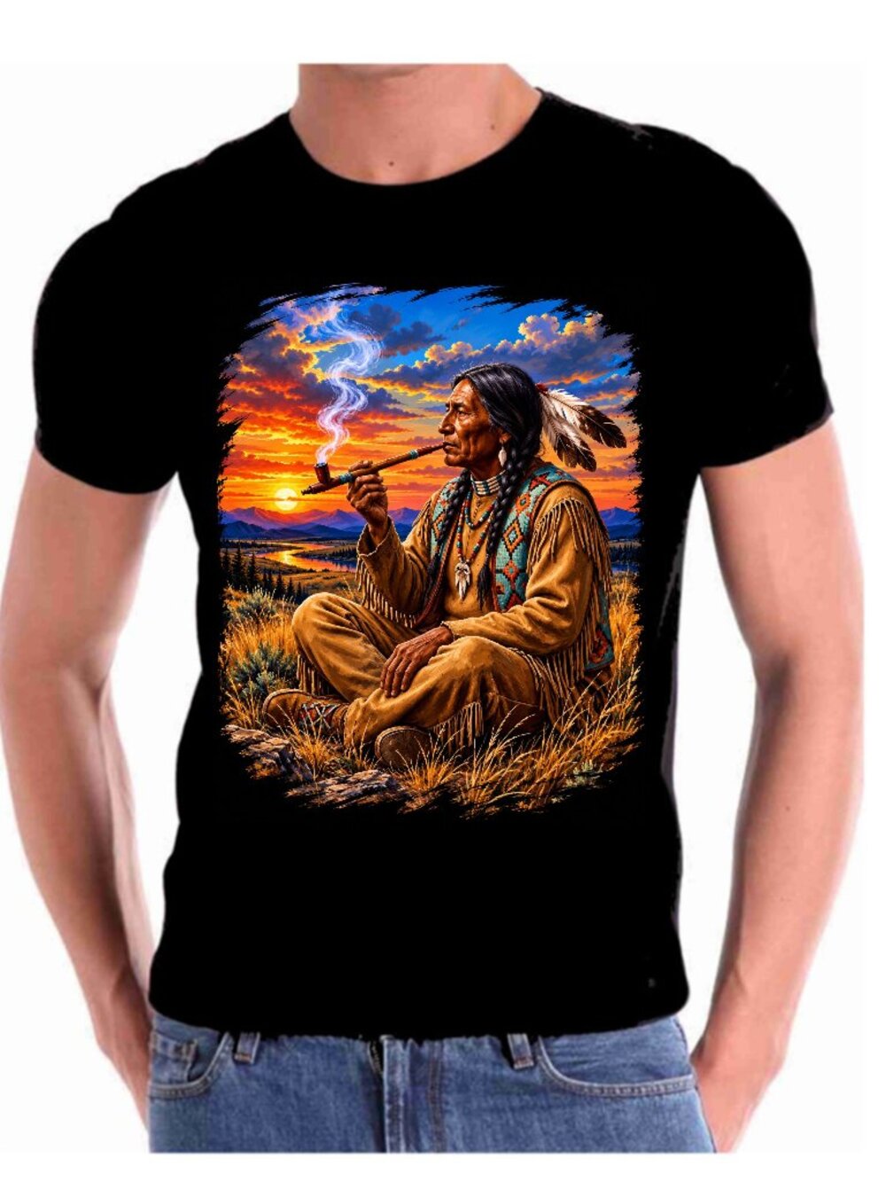 Native American indian Smoking a Peace Pipe Calming Art T shirt 100% U.S. cotto